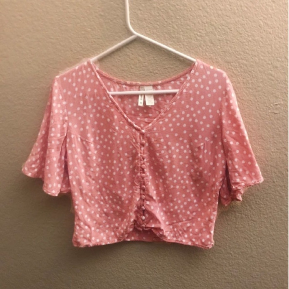 Japna Pink White Polka Dot Crop Shirt Top XS